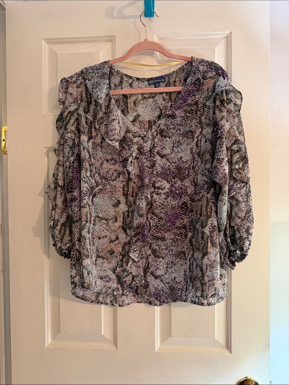 Democracy Sheer Snake-Print Ruffle Blouse - Purple, Gray